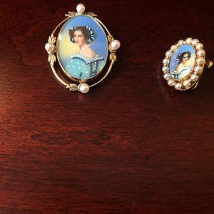 Hobe brooch earring set hand painted portrait faux pearls